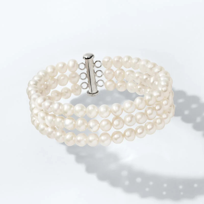 5-6mm Cultured Pearl Three-Strand Bracelet with Sterling Silver | Ross-Simons