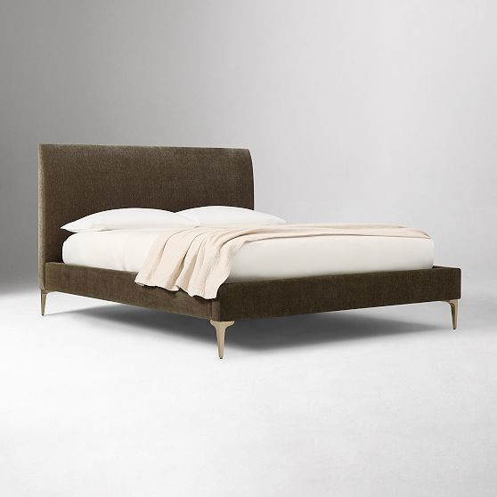 Andes Bedupholstered Bed, Modern Chenille Juniper, Brass, Queen | West Elm (US)