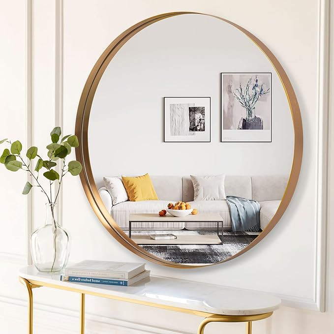 NeuType 28 inch Round Mirror Circle Mirrors , Gold , Wall Mounted Deep Set Aluminum Alloy Frame f... | Amazon (US)