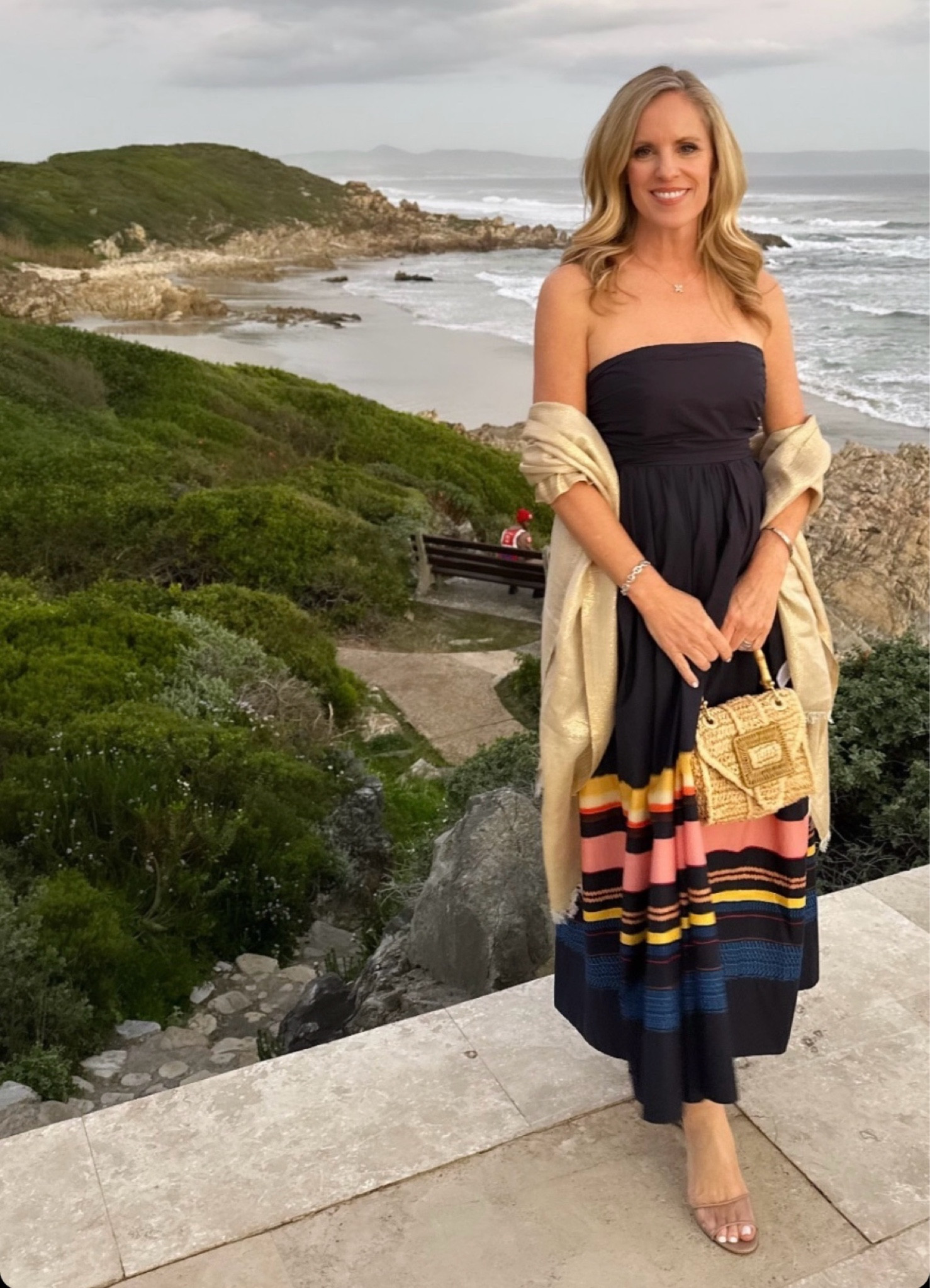 Navy strapless dress with sunset stripes on the coast in Hermanus

A.L.C. Strapless navy dress

Fits TTS 

Gold scarf as a wrap 

Pamela Munson Mini Avis Raffia handbag 


#LTKSeasonal #LTKStyleTip #LTKOver40