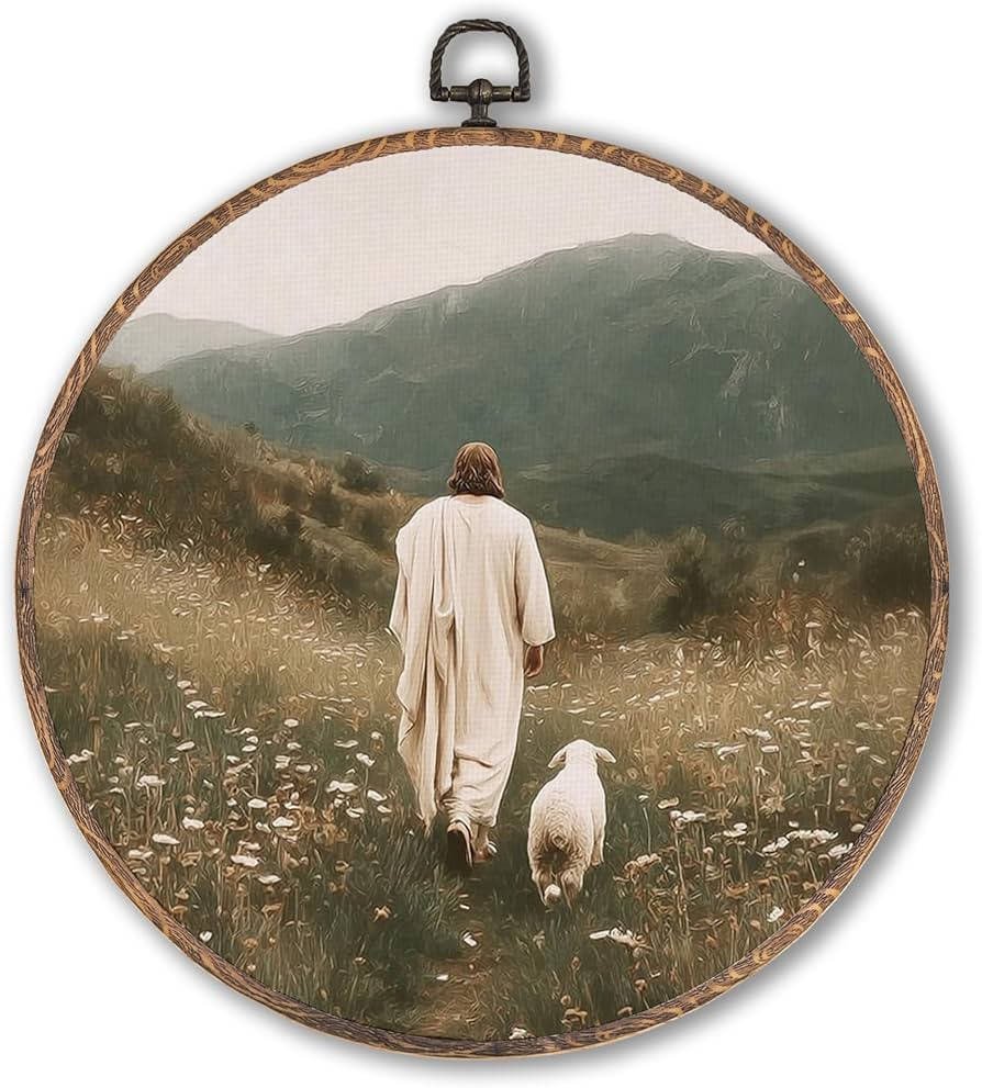 Lengues Christian Jesus Leaves the 99 Sheep Round Wall Art, Jesus Landscape Lamb Round Wall Decor... | Amazon (US)