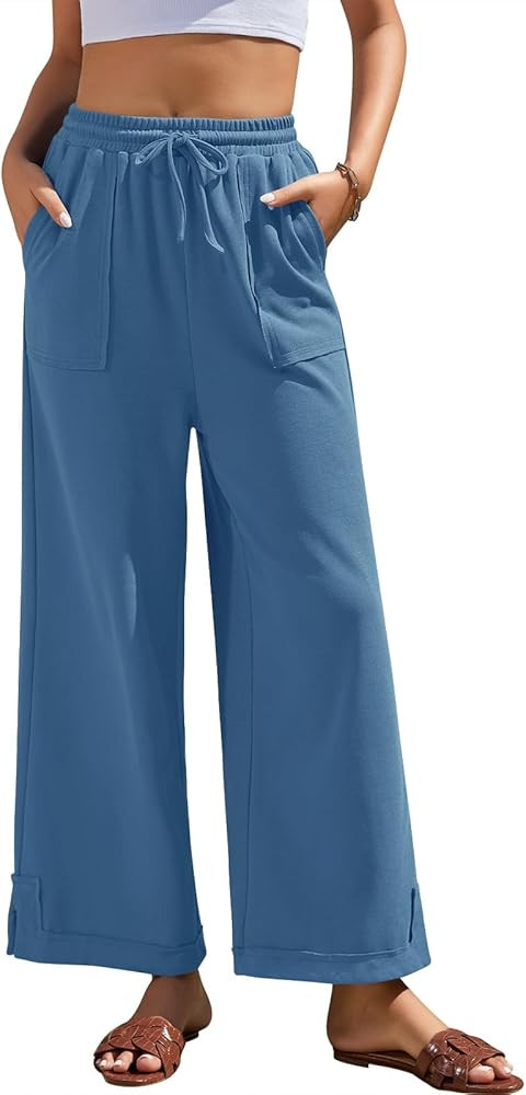 Womens Wide Leg Pants Baggy Palazzo Pants Casual Loose Drawstring Elastic Waisted Lounge Trousers... | Amazon (US)