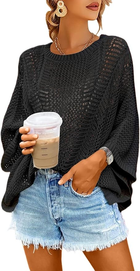Jollycode Women's Crochet Tops Batwing Sleeve Crewneck Knit Cover Ups Hollow Out Oversized Pullov... | Amazon (US)