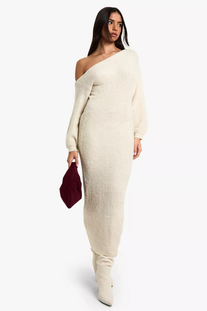 Off The Shoulder Borg Knitted Maxi Dress | boohoo (US & Canada)