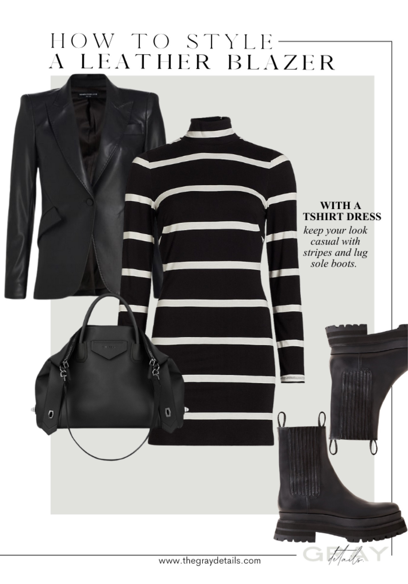 How to style a black leather blazer 

Lug sole boots
Knit dress
Black bag

#LTKSeasonal #LTKstyletip #LTKtravel
