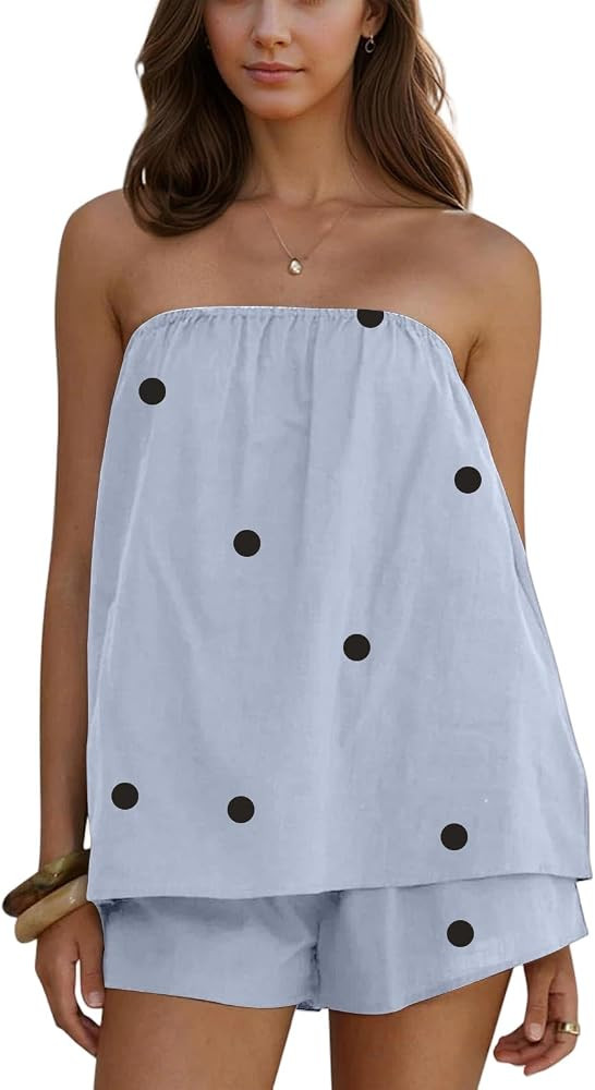 Women Polka Dot Strapless Tube Top & Short Co Ord Set, Elastic Shirred Bandeau Two Piece Outfit S... | Amazon (UK)