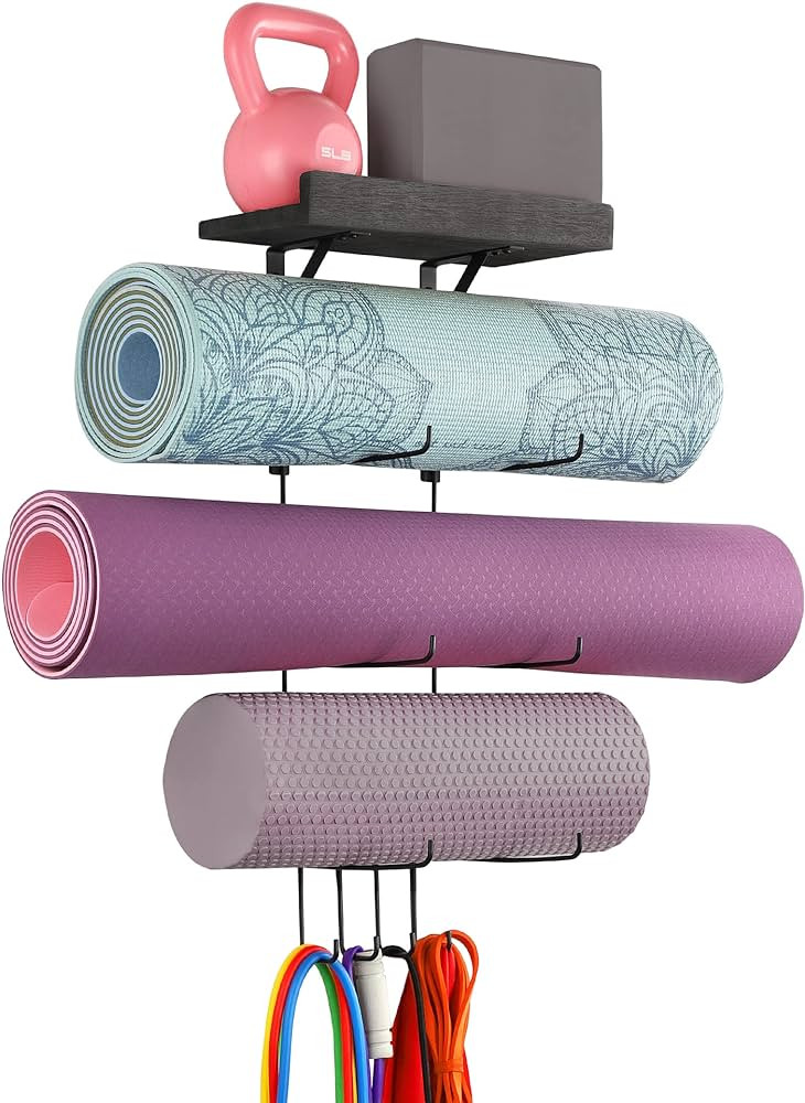 Yoga Mat Holder Accessories Wall Mount Organizer Storage Decor Foam Roller and Towel Storage Rack... | Amazon (US)
