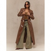 Shiny Faux Leather Bold Shoulders Double Breasted Formal Coat | SHEIN