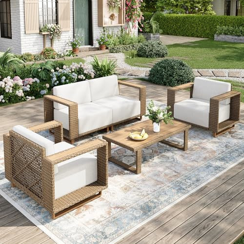 MIXPATIO Outdoor Patio Furniture Set, 5 Piece Outdoor Rattan Wicker Sofa Couch, Conversation Sets with 2 Single Sofa, 2 Armchairs and Coffee Table for Deck Backyard Lawn | Amazon (US)
