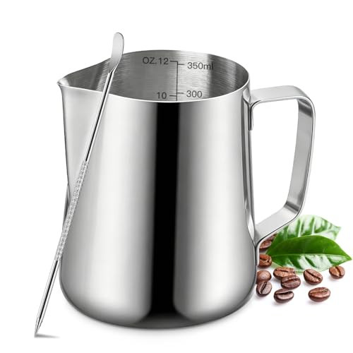 Milk Frothing Pitcher, 350ml/12oz Milk Frother Cup Stainless Steel Jug Steaming Pitcher, Milk Coffee Cappuccino Latte Art Barista Steam Pitchers Milk Jug Cup with Decorating Pen | Amazon (US)