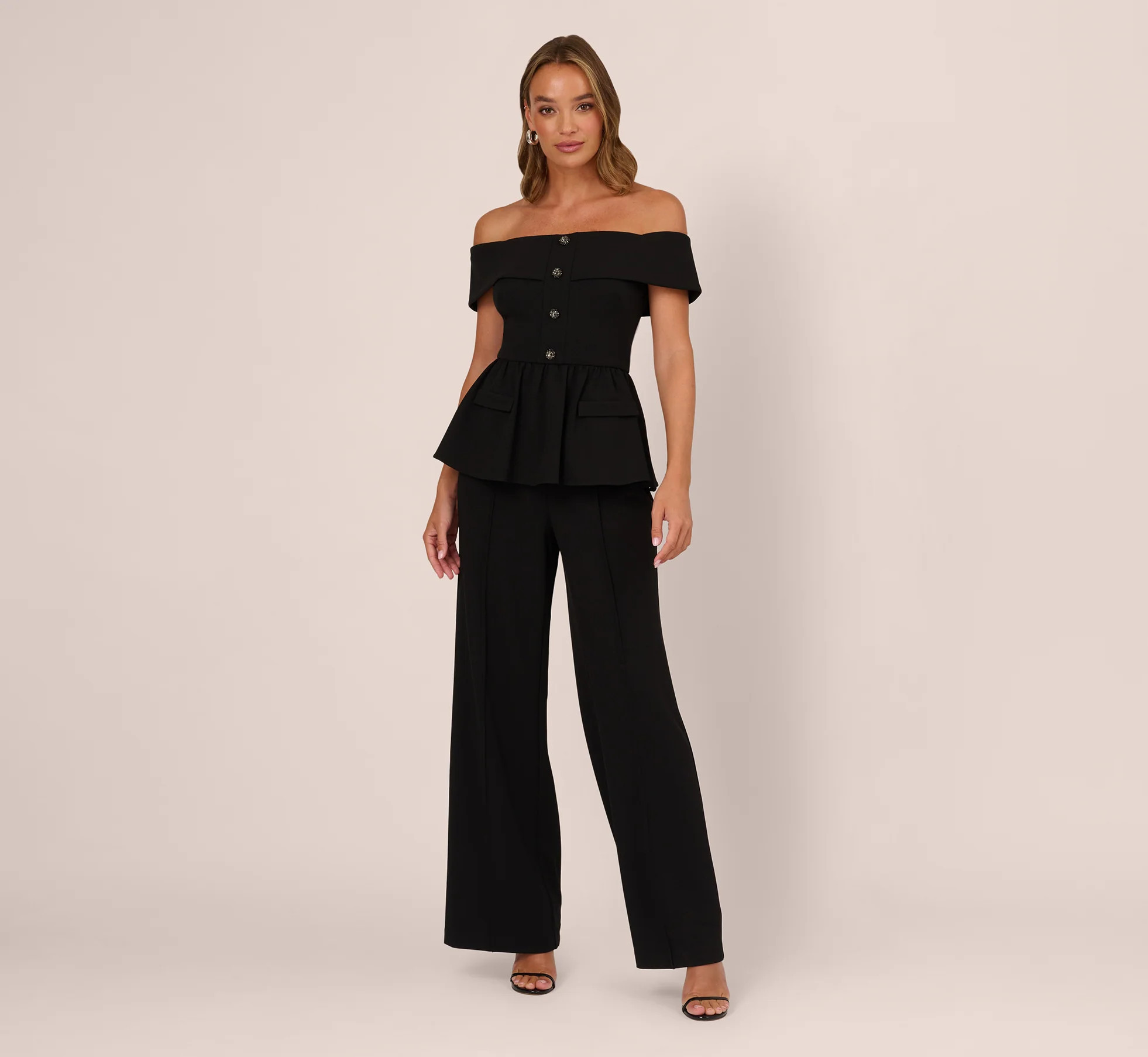 Off Shoulder Crepe Peplum Jumpsuit In Black | Adrianna Papell