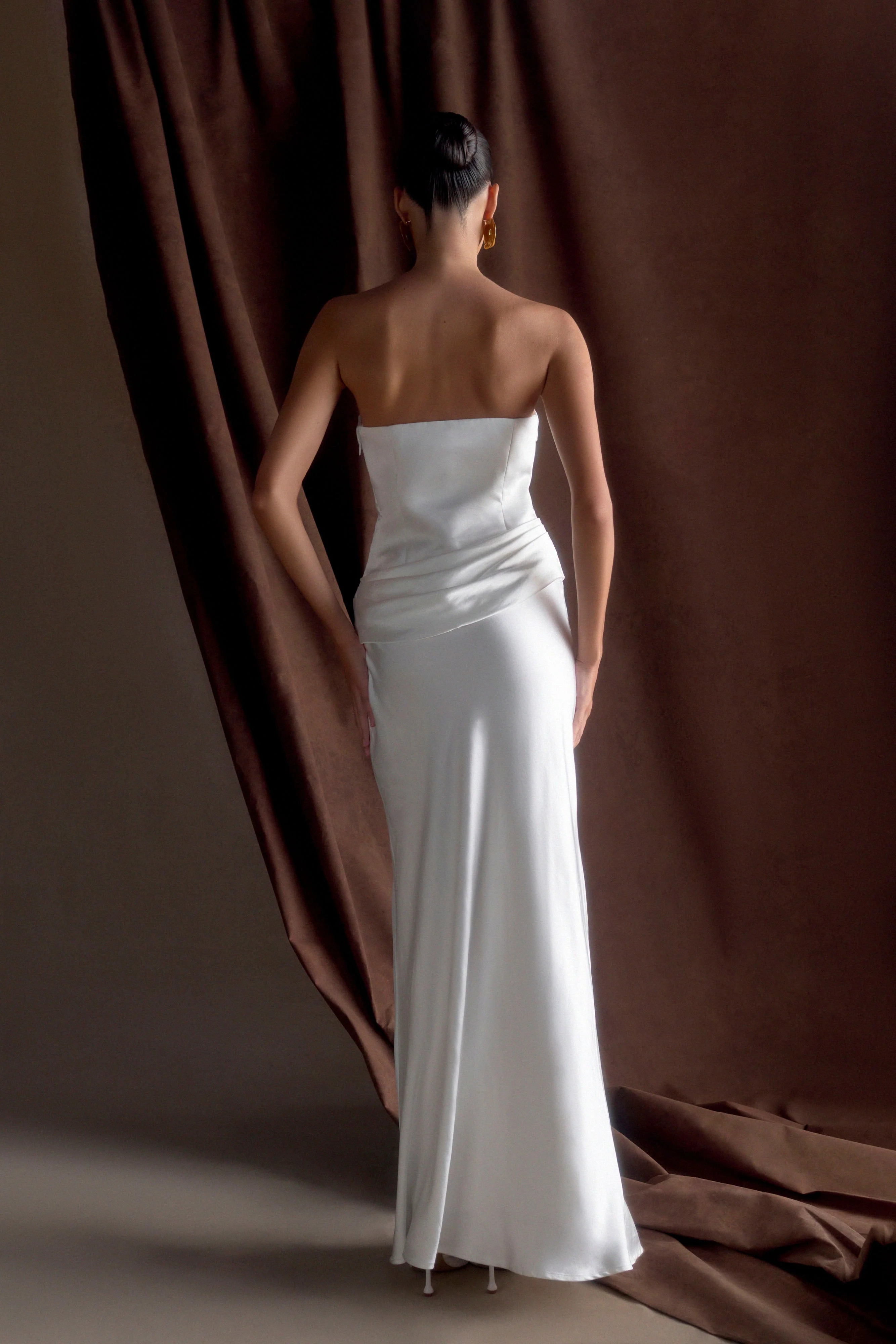 Strapless Satin Maxi Dress - White | MESHKI US