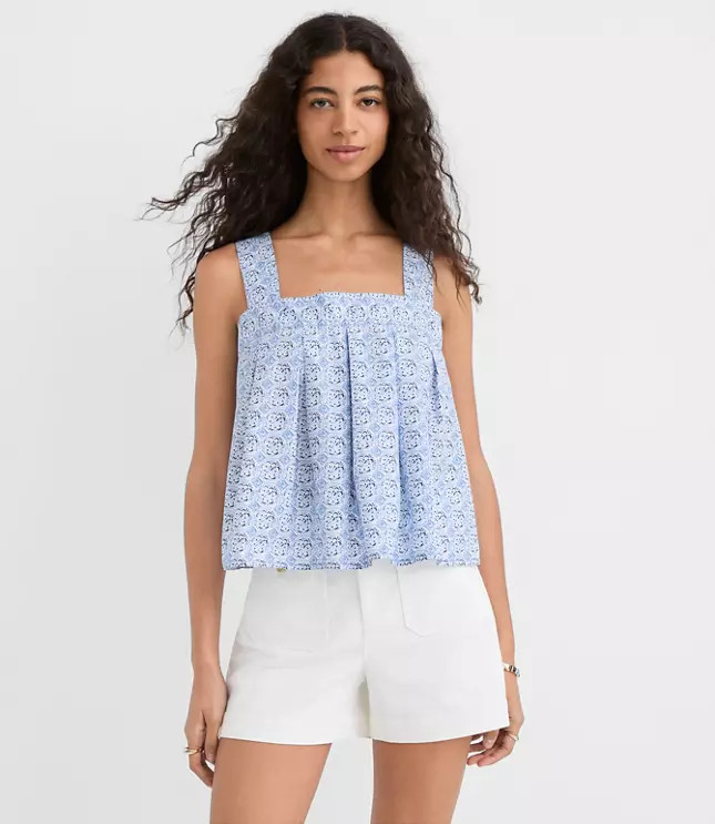 Petite Mosaic Poplin Tie Back Pleated Tank Top | LOFT