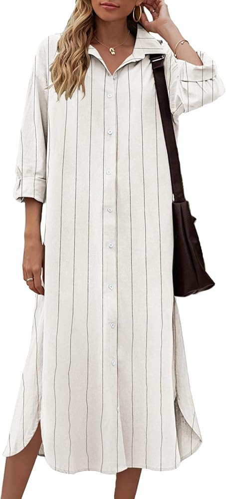Sopliagon Women Cotton and Linen Shirt Dress Casual Loose Maxi Dresses | Amazon (US)