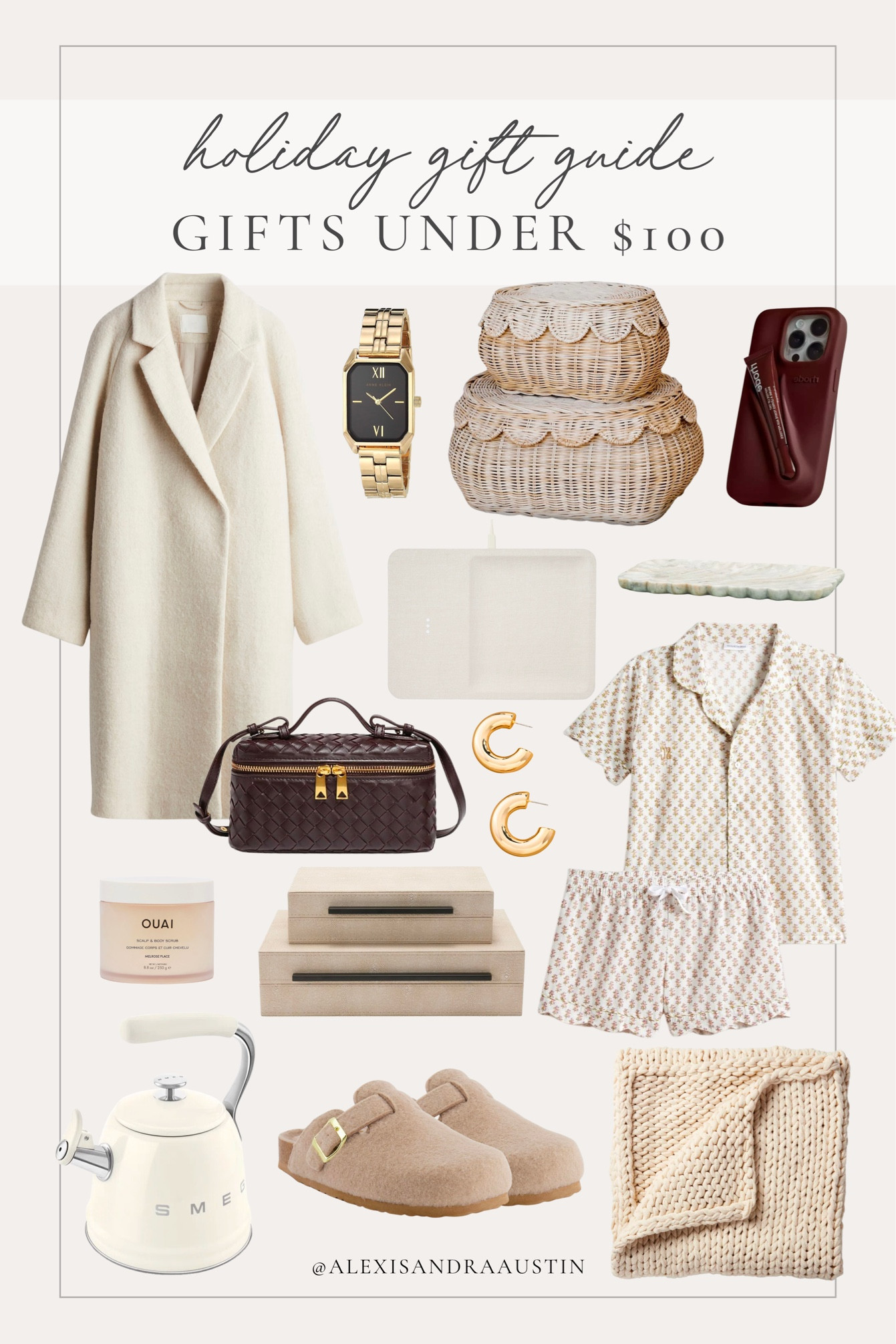 Holiday gift guide under $100! Neutral favorites that can be great stocking stuffers, last minute gifts, or part of a gift basket.

Holiday gift guide, gift guide under $100, last minute gifting, neutral gifting style, cozy gifts, pajama set, scalloped basket, phone case, trench coat, body scrub, decor box, cozy blanket, Smeg, tea kettle, cozy shoes, clogs, gold jewelry, stocking stuffers, shop the look!

#LTKSeasonal #LTKHoliday #LTKGiftGuide