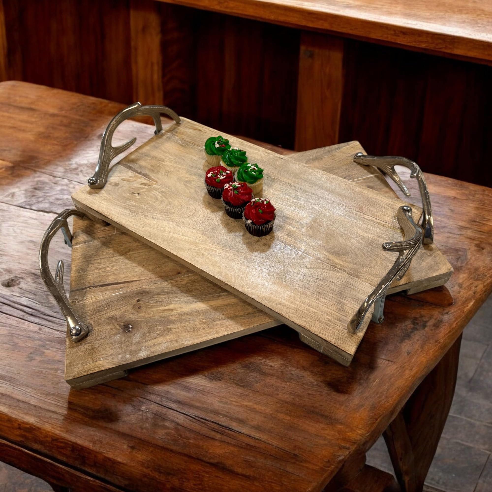 Handmade Set of 2 Mango Wood Serving Trays with Polished Nickel Antler Side Handles – Flat Char... | Amazon (US)