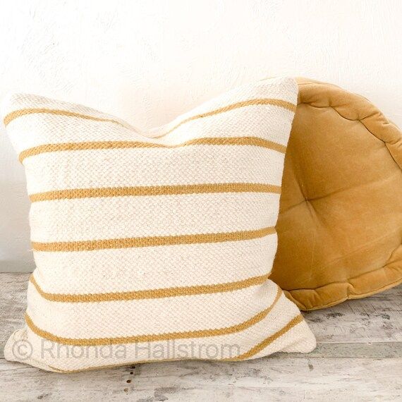 Yellow Stripe Wool Pillow|Chunky Knit Throw Pillows|Modern Farmhouse Decor Pillow|Wool Pillow|Far... | Etsy (US)