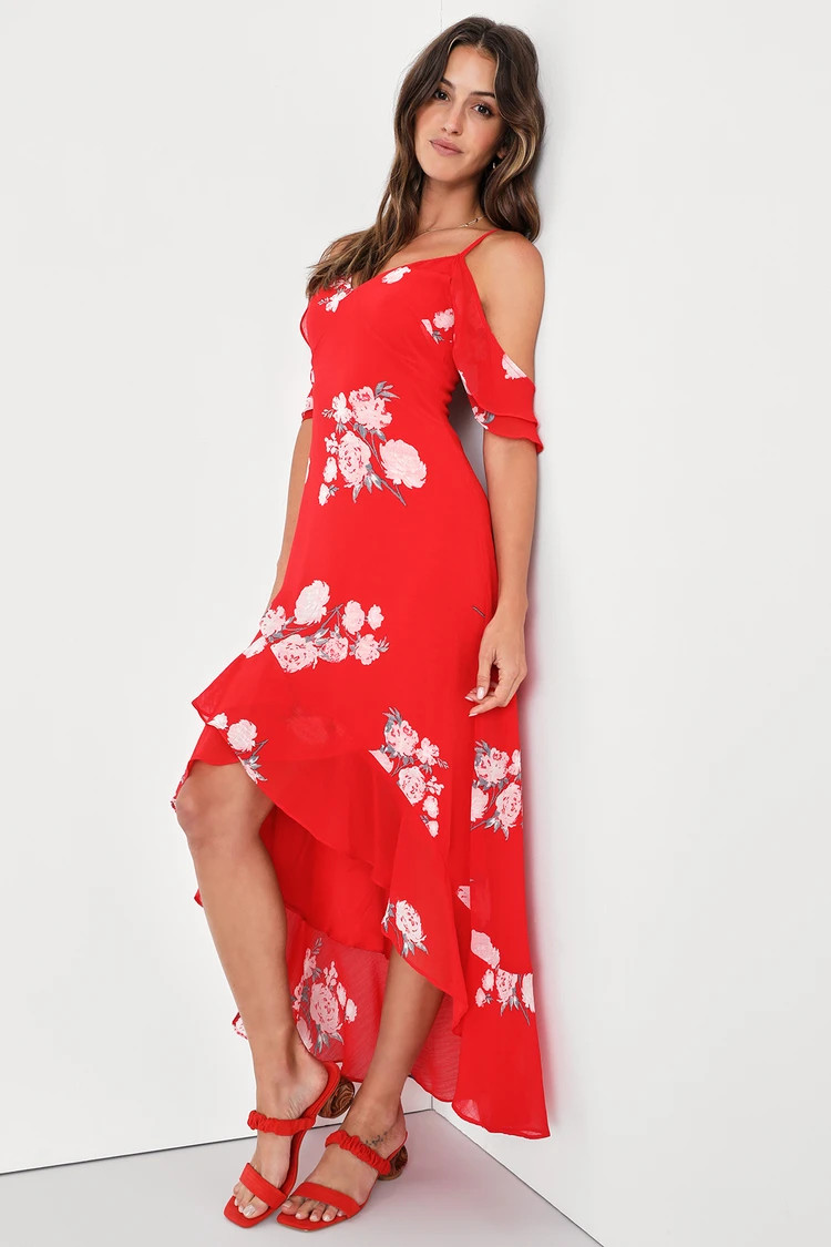 Love in Bloom Red Floral Print Off-the-Shoulder High-Low Dress | Lulus