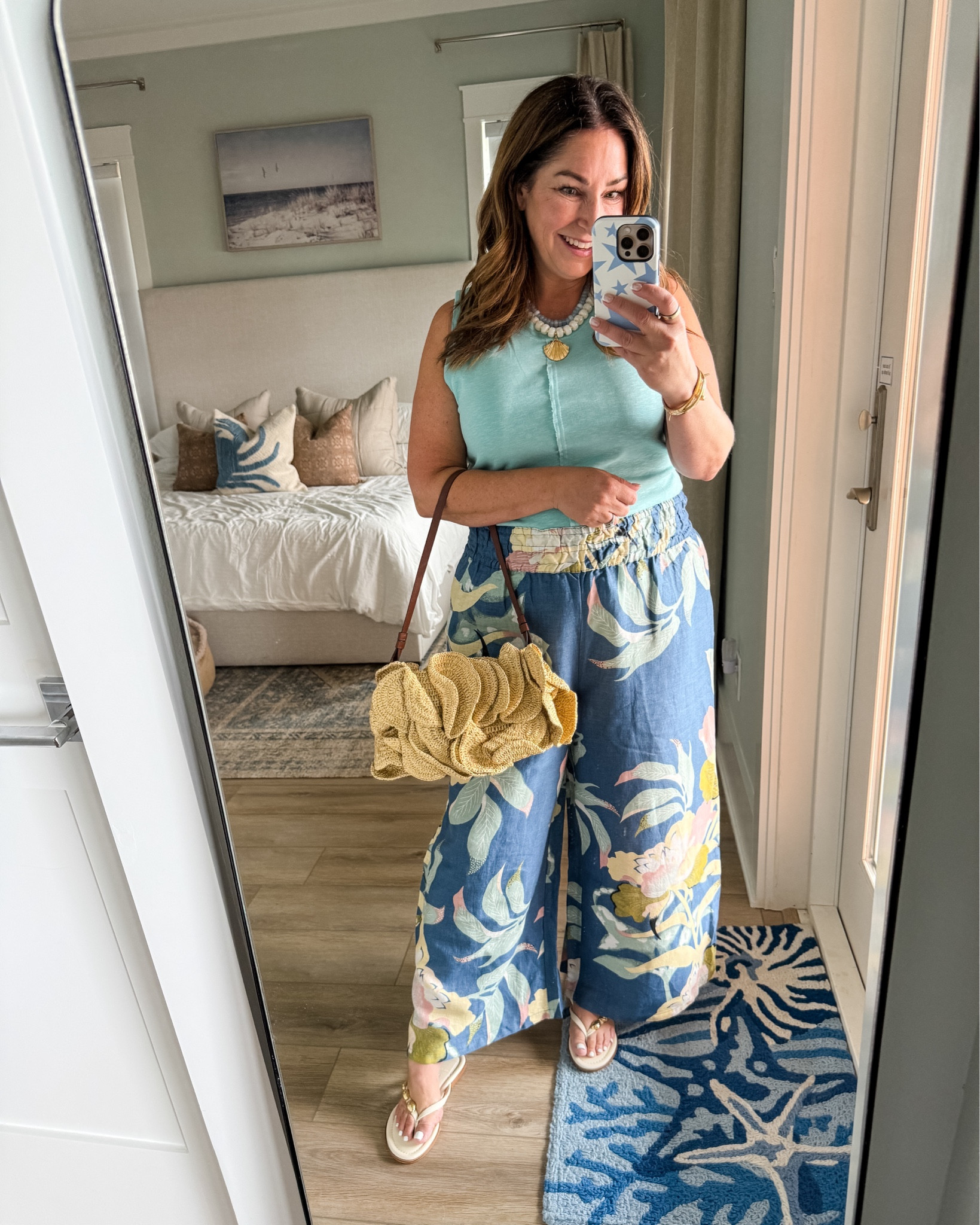 The vibe is comfy and tropical - I think I nailed it 😜 💙 These wide leg pull on pants are so fun and have more of an ankle length. Paired with some summer jewelry and this statement bag I'm set for a fun day on vacay! 
📏Wearing tts L in tank and pants

#LTKSeasonal #LTKMidsize #LTKTravel