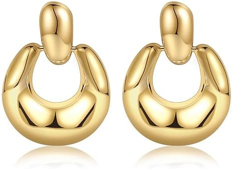 Chunky Gold Stud Earrings for Women 14k Gold Plated Hypoallergenic Earrings Statement Trendy Fash... | Amazon (US)