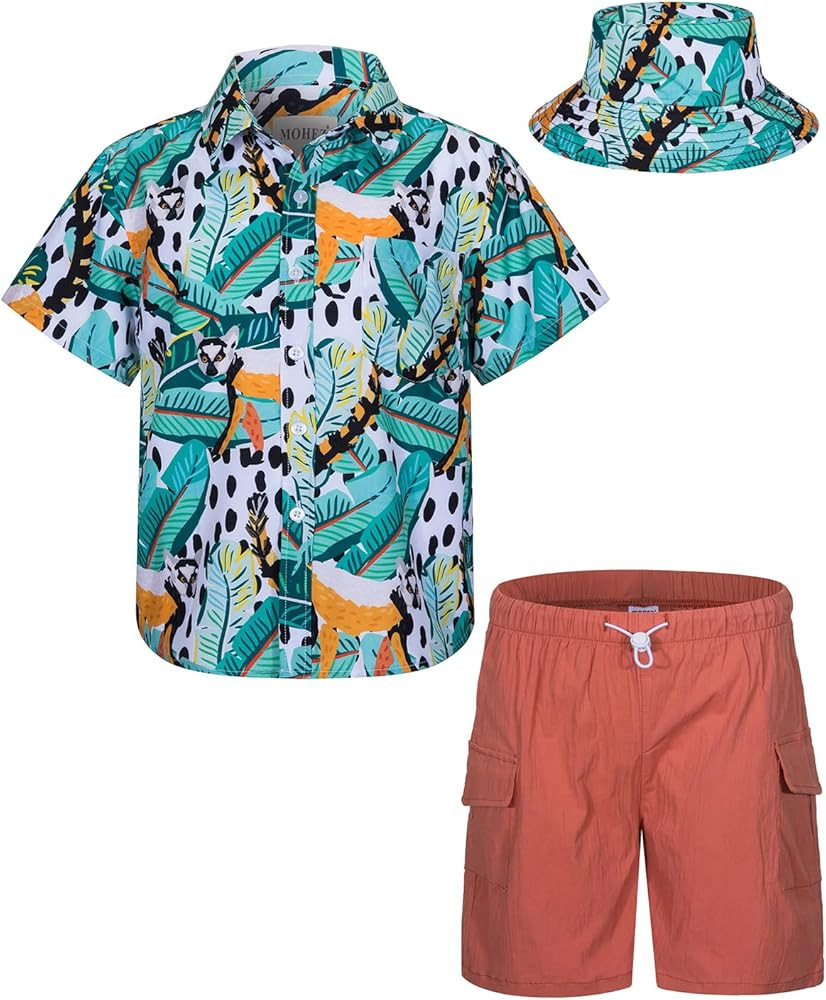 Boys Hawaiian Shirt and Short Set Summer Outfit Kids 2 Piece Clothes Set With Bucket Hat | Amazon (US)