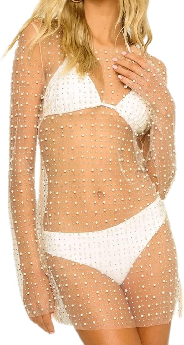 Naileksi Women Sheer Mesh Pearl Rhinestone Cover Up Dress Summer Sexy See Through Beach Swimwear ... | Amazon (US)