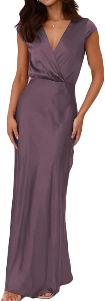 Summer Satin V Neck Wrap Maxi Dress for Women 2026 Elegant Silk Cap Sleeve Wedding Guest Dresses | Amazon (US)