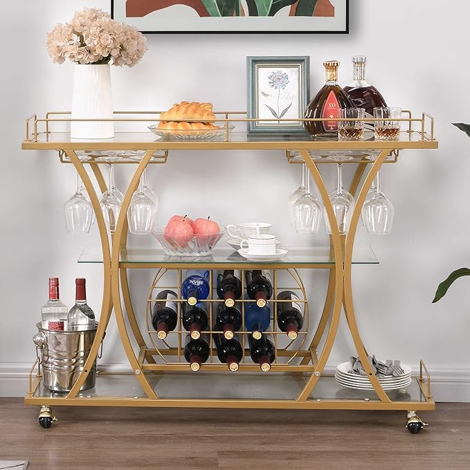 HOMYSHOPY Bar Serving Cart with Glass Holder and Wine Rack, 3-Tier Kitchen Trolley with Tempered ... | Amazon (US)