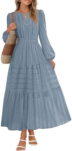 MEROKEETY Winter Midi Dresses for Women 2026 Spring Long Sleeve Casual V Neck Tiered Cotton Maxi ... | Amazon (US)