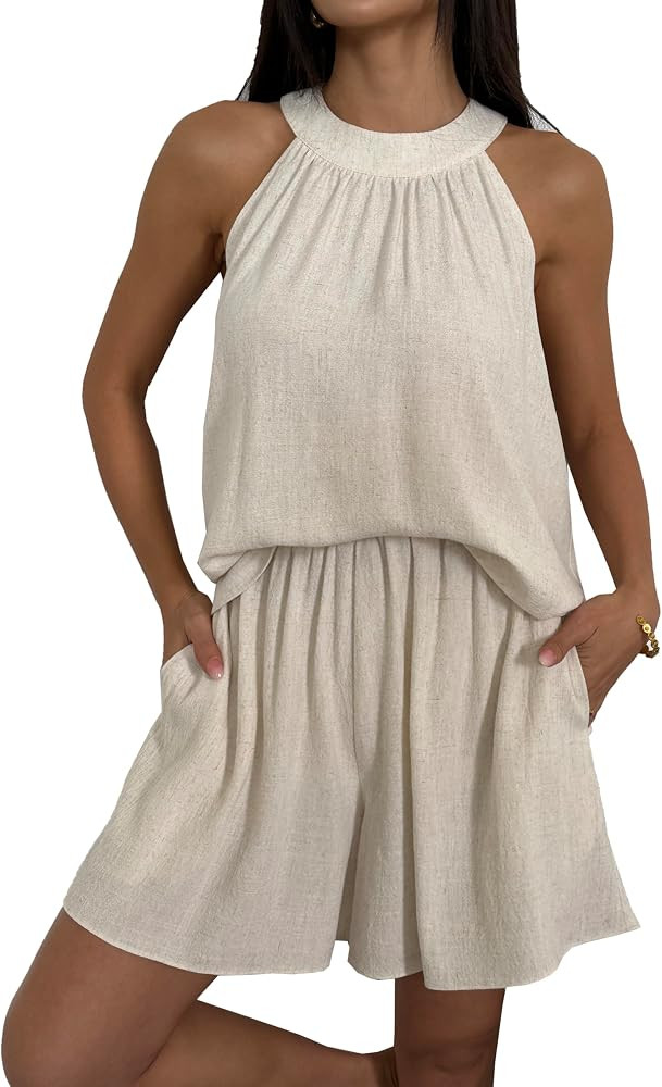 heipeiwa Women's 2 Piece Linen Outfits Summer Halter Neck Sleeveless Tops Casual Vacation Lounge ... | Amazon (US)