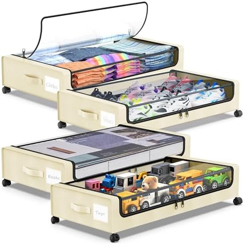 Under Bed Storage with Wheels, 4-Pack UnderBed Storage Containers with Clear Lids, Under Bed Shoe... | Amazon (US)