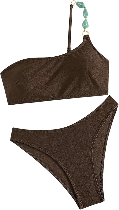 SHENHE Women's One Shoulder Bikini Sets Beaded Solid Padded 2 Piece Swimsuits Bathing Suits | Amazon (US)
