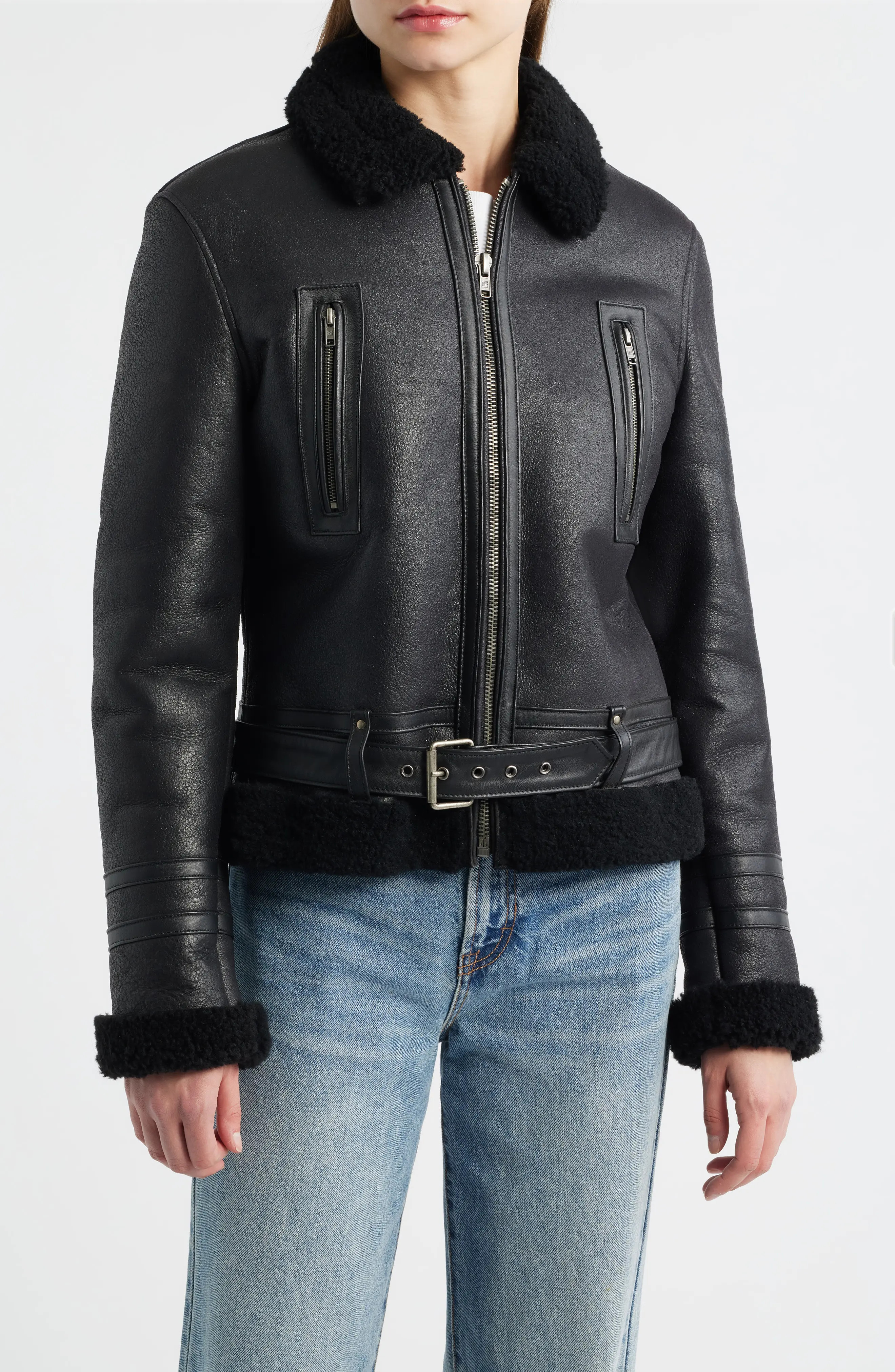 Frye Leather Jacket with Genuine Shearling Trim in Black at Nordstrom, Size Small | Nordstrom