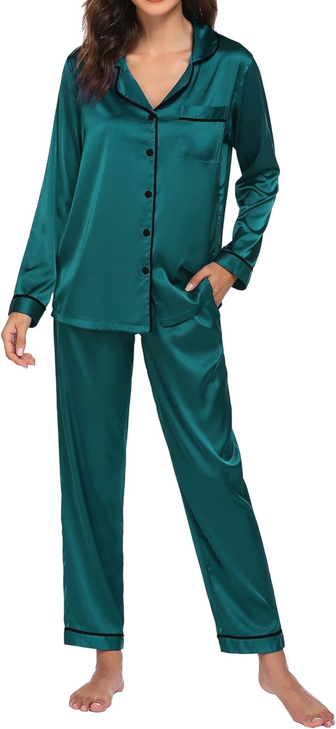 Ekouaer Satin Pajamas Women’s Long Sleeve Sleepwear Silk Soft Button Down Loungewear Pjs Set S-... | Amazon (US)