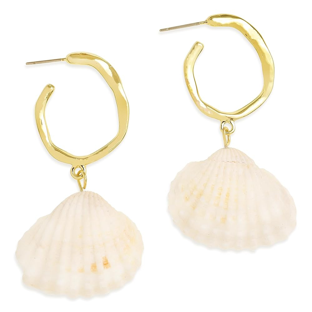 Gold Starfish Shell Cowrie Mermaid Dangle Earrings for Women, Trendy Statement Pearl Seashell Ear... | Amazon (US)