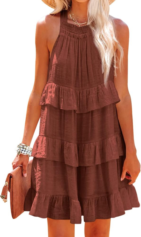 SENSERISE Womens Summer Halter Neck Sleeveless Tiered Babydoll Mini Dress Pleated Flowy Dresses with | Amazon (US)