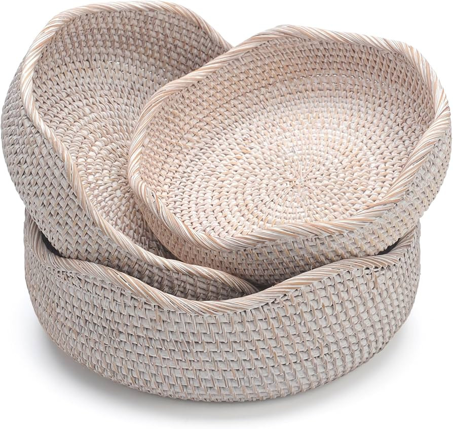 YANGQIHOME Rattan Round Fruit Baskets, Wicker Storage Bowls, Natural Woven Serving Basket Bowls, ... | Amazon (US)
