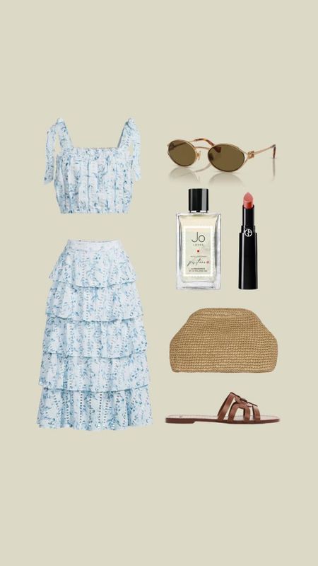 The perfect summer holiday outfit featuring a blue and white tiered skirt & cropped blouse from my Very edit, tan leather sandals, cos raffia clutch bag, miu miu sunglasses, Jo Loves Positano perfume & Armani power lipstick  

#LTKeurope #LTKSeasonal #LTKstyletip