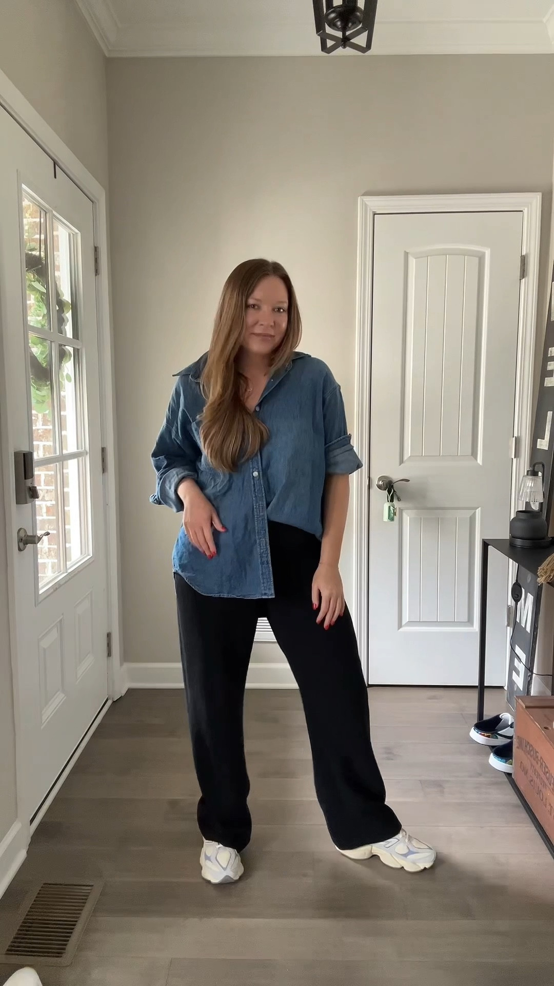 WFH outfit of the day 
Oversized denim button down / runs oversized so size down for a closer fit / wearing a medium 
Drawstring wide leg work pants / tts wearing a medium / linked similar options as well 
New balance sneakers / tts 
Evil eye necklace 

#LTKdayinmylife #LTKWorkwear #LTKootd

#LTKTravel #LTKootd #LTKdayinmylife