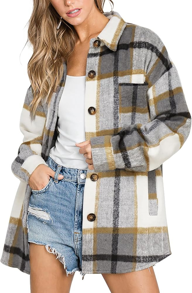 Beaully Women's 2024 Fall Clothes Plaid Shacket Jacket Long Sleeve Button Down Flannel Shirts Fas... | Amazon (US)