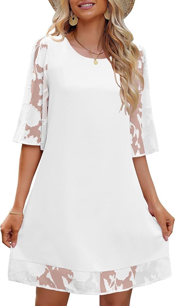 LookbookStore 3/4 Sleeve Dress for Women Shift Cute Summer Tunic Floral Lace Dresses | Amazon (US)