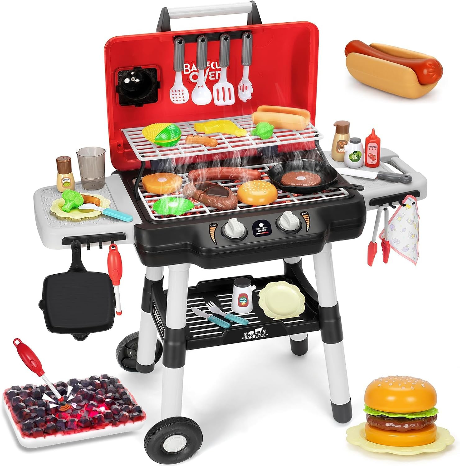 Kids Play Kitchen Toys, Kids BBQ Grill Playset with Smoke Sound Light, 2-Layer Barbecue Toy with Wheels, Outdoor Play Food Toys Cooking Set for Toddlers 3-5, Birthday for Boys Girls | Amazon (US)