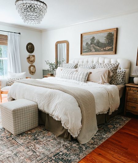Neutral bedroom decor, linen duvet, crystal chandelier, pinch pleat curtains and drapes, white panels, throw blanket, Loloi rug, soft rugs, upholstered ottoman, euro shams, bedding, toss pillows, arch mirror, gold mirrors, table lamps

#LTKhome #LTKfamily #LTKFind