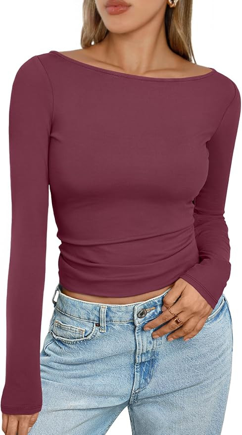 Trendy Queen Women's Long Sleeve Shirts Going Out Boat Neck Tops Slim Fitted Tshirts Tight Y2k Ou... | Amazon (US)