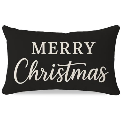PANDICORN Merry Christmas Pillow Cover 12x20 Inch, Black Christmas Decorations for Home Decor, Modern Farmhouse Holiday Xmas Lumbar Decorative Cushion Case for Sofa Couch Living Room | Amazon (US)