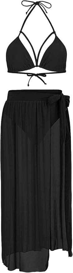 Kisscynest Women's Halter Neck Cut Out 3 Pieces Swimwear with Mesh Maxi Skirt | Amazon (US)