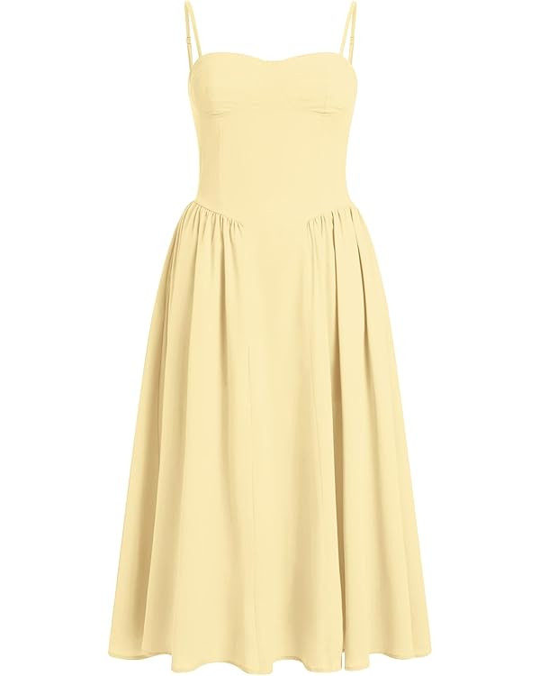 Women Floral Corset Dress Boho Spaghetti Strap Lace Up Casual Midi Dresses with Pockets Low Cut F... | Amazon (US)