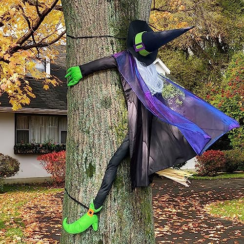 POPGIFTU 64" Outdoor Halloween Decorations Witch Crashing into Tree, Purple Flying Witch on Broom Halloween Tree Decor for Porch, Yard, Patio, Pillars,Lawn, Indoor Decor, Haunted House Prop | Amazon (US)