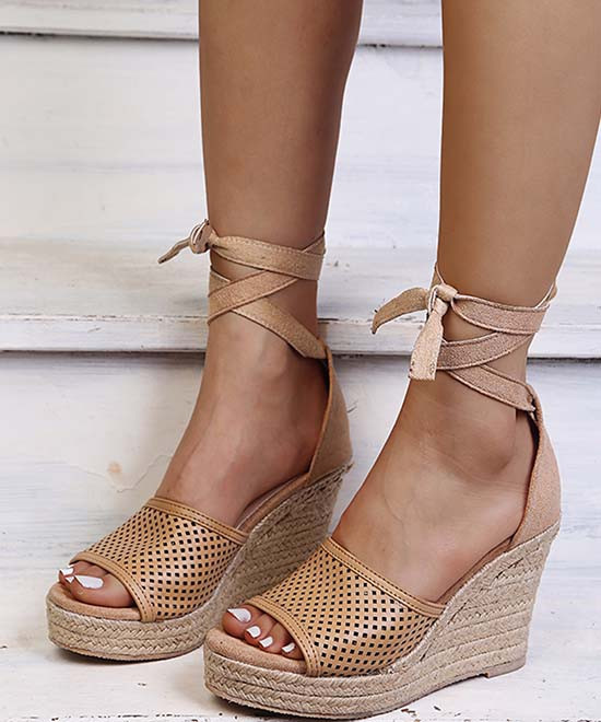 Beige Ribbon-Tie Wedge Sandal - Women | Zulily