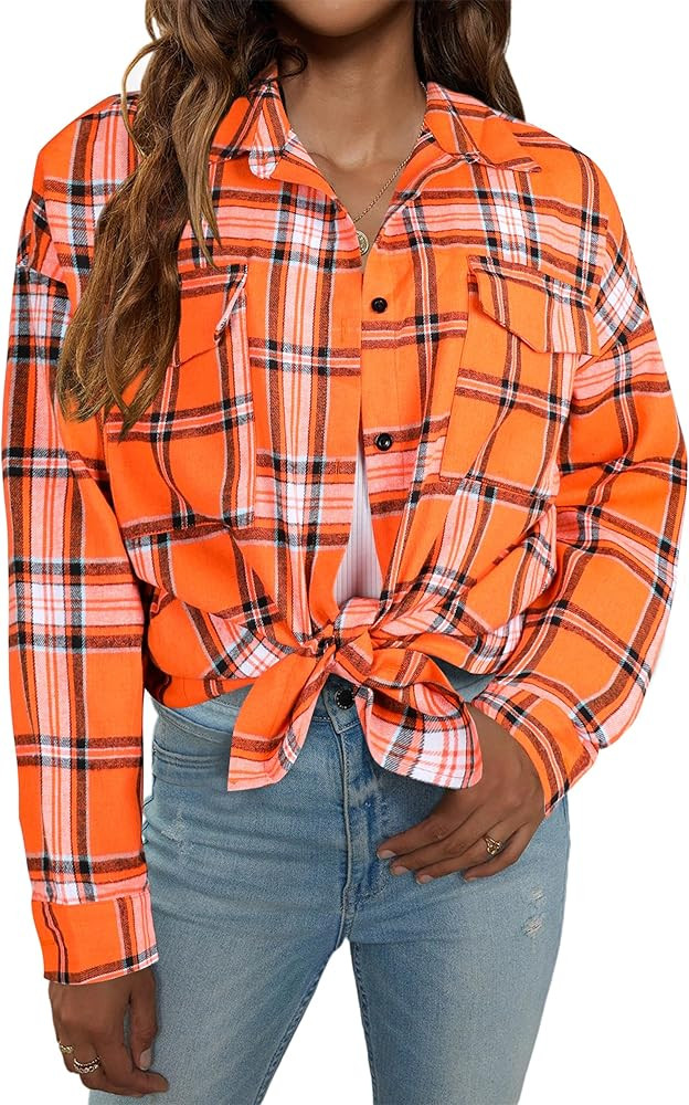 Blooming Jelly Women's Button Down Flannel Shirts Plaid Shacket Long Sleeve Collared Business Cas... | Amazon (US)